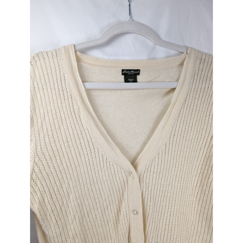 Vintage Linen Pointelle Knit Button Cardigan Size XL Cream Fairy Preppy Coastal - Picture 5 of 9